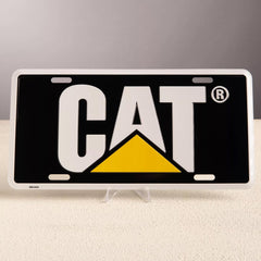 Black CAT license plate with yellow emblem boosts vehicle identification and curb appeal