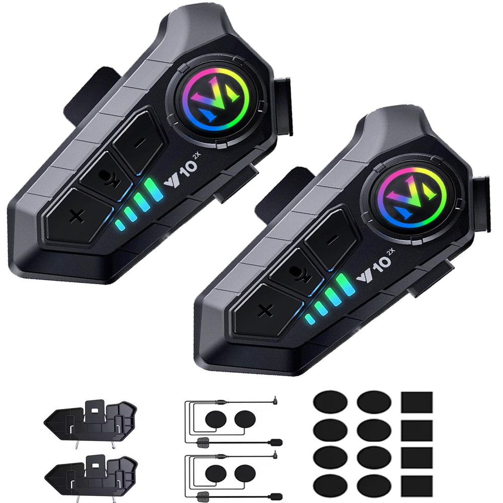 Generic motorcycle helmet intercom 2-pack mounted on a helmet for clear rider-passenger chat.