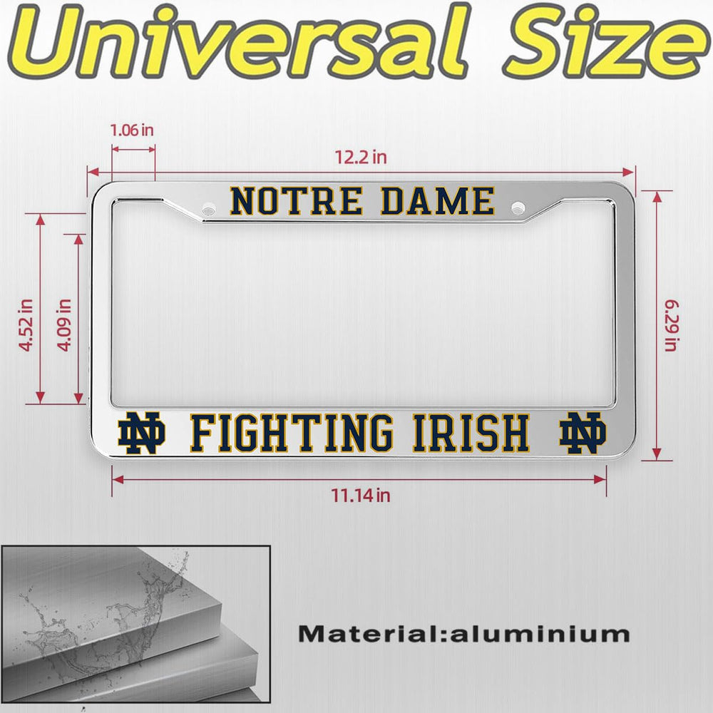 Generic Notre Dame license frame rear view shows rust-resistant construction for long-lasting shine.