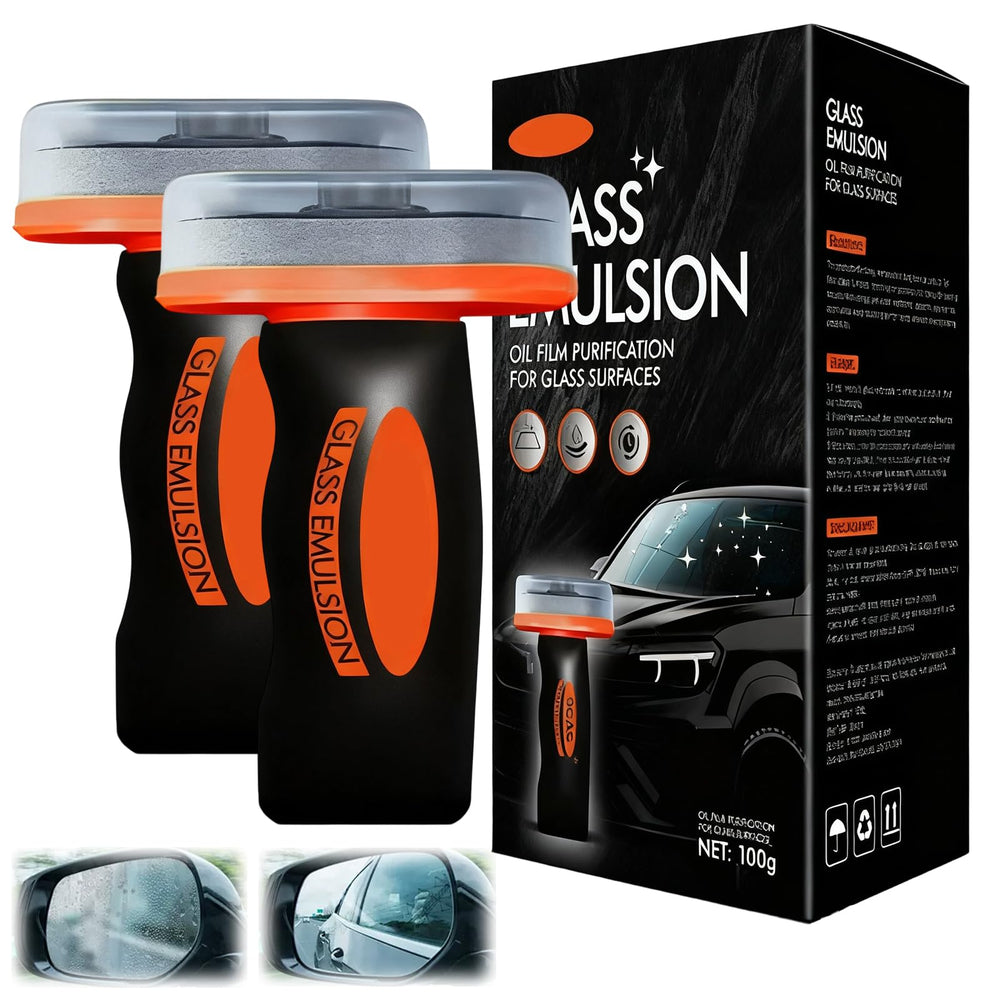 Generic oil film cleaner emulsion on windshield improves visibility in wet conditions.