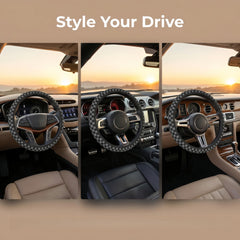Universal-fit steering wheel cover fits most wheels measuring 14.5–15.6 inches.