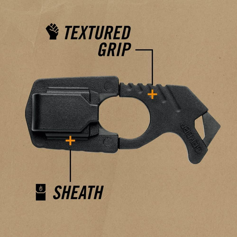 Gerber seatbelt cutter showing lanyard hole for easy access in your kit.