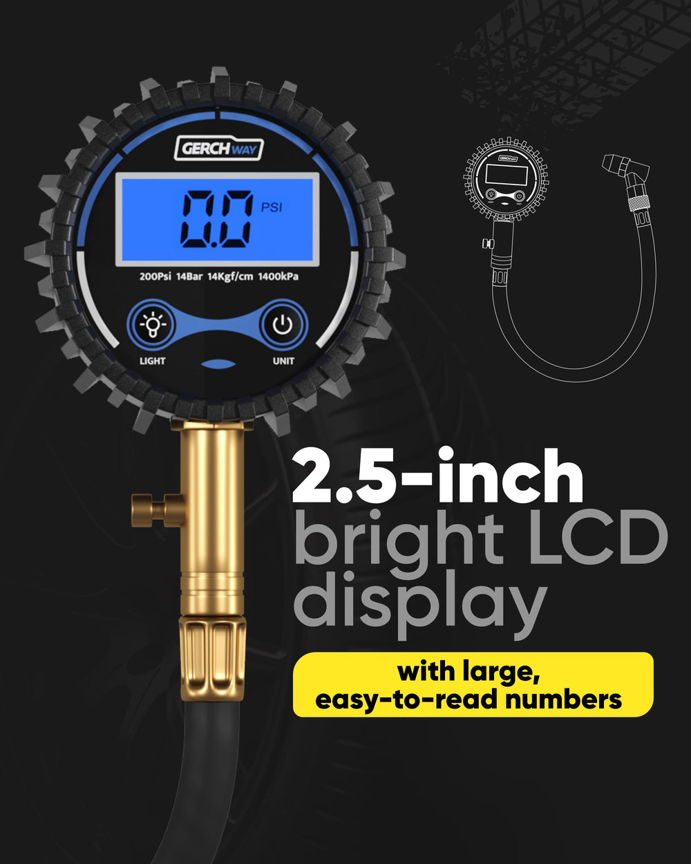 GERCHWAY digital tire pressure gauge with bright display for quick PSI checks.
