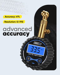 Motorcycle tire check using GERCHWAY gauge for accurate readings.