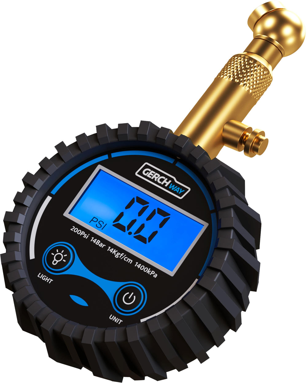 GERCHWAY digital tire pressure gauge held up to show clear PSI reading.
