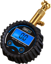 GERCHWAY digital tire pressure gauge held up to show clear PSI reading.