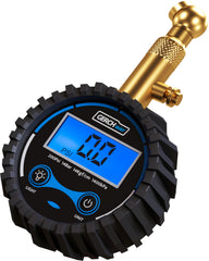 GERCHWAY digital tire pressure gauge held up to show clear PSI reading.