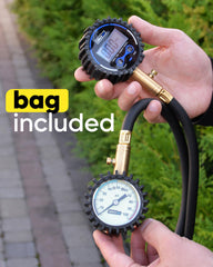 GERCHWAY digital tire pressure gauge in use during a road-side check.