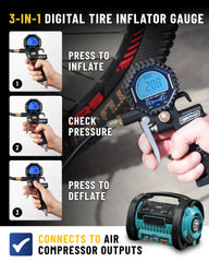 GERCHWAY digital tire gauge on a bike tire showing PSI readings.