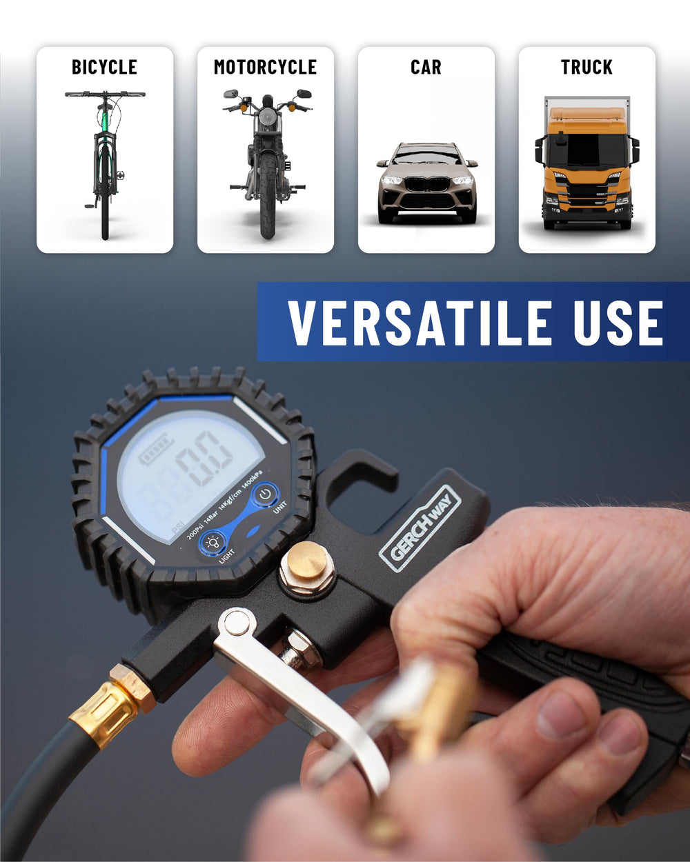 GERCHWAY universal Schrader compatibility for cars, trucks, motorcycles.