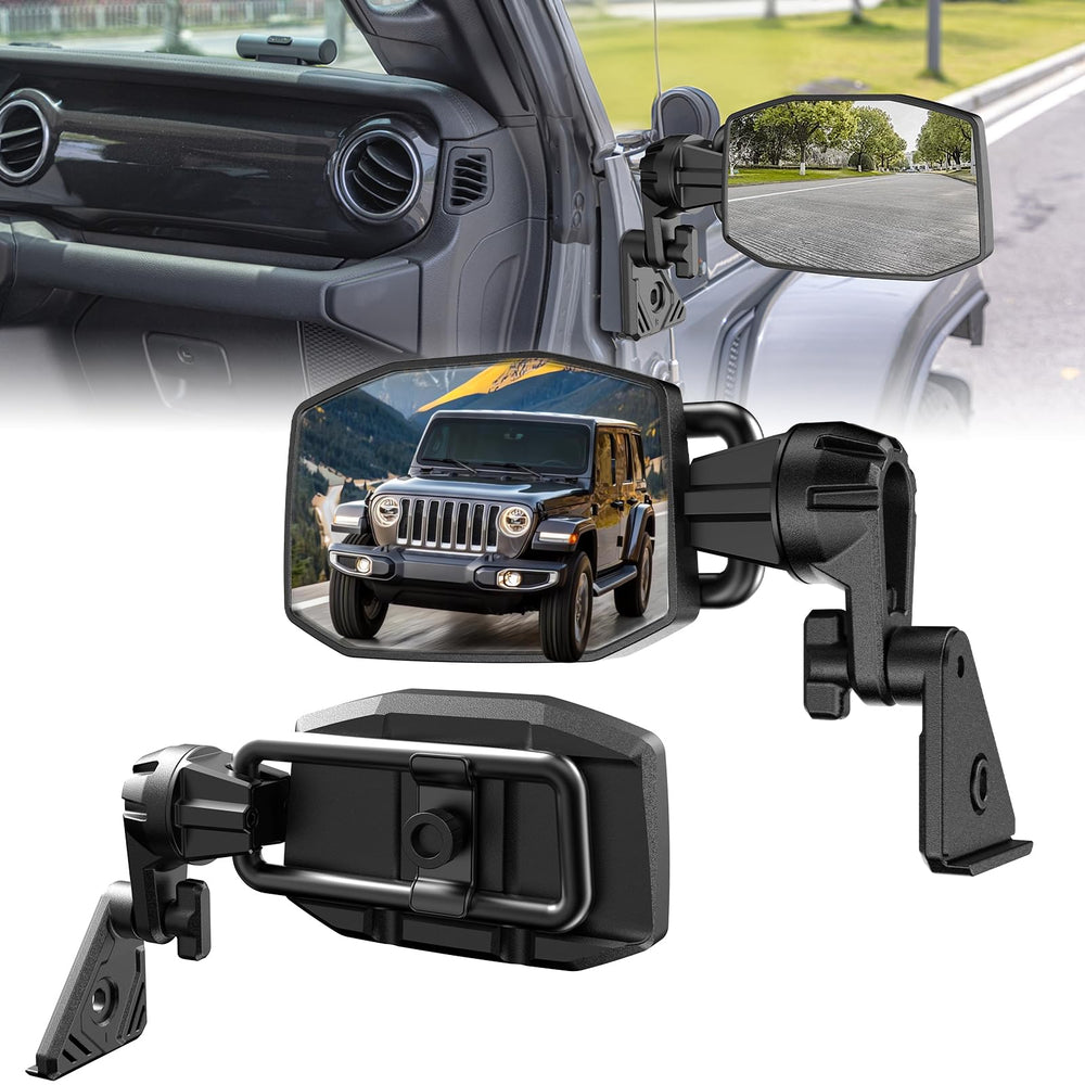 GEVINFA mirrors off quick-release knob enables tool-free removal for Jeep Wrangler JL.