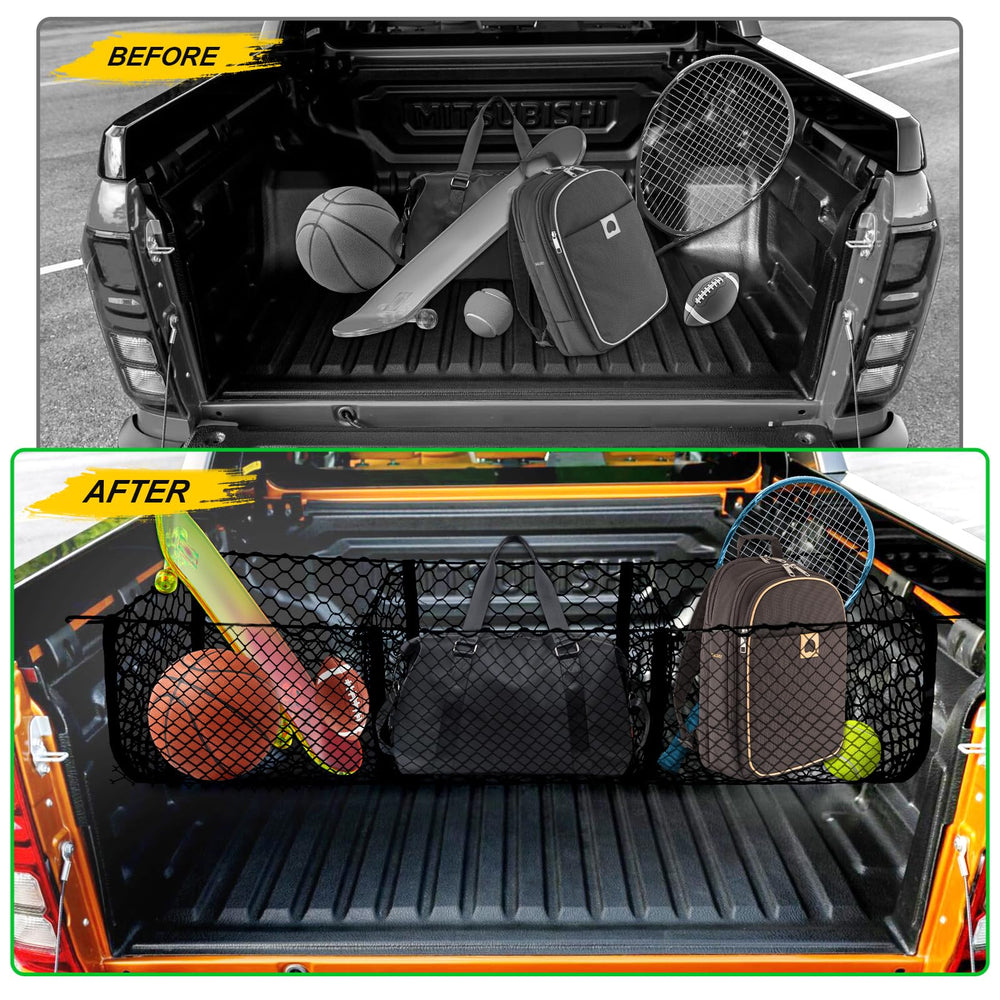 Gfstec cargo net secures groceries and sports gear for weekend trips.
