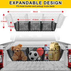 Gfstec truck bed cargo net stretched to 59 inches demonstrates flexible width for large loads.