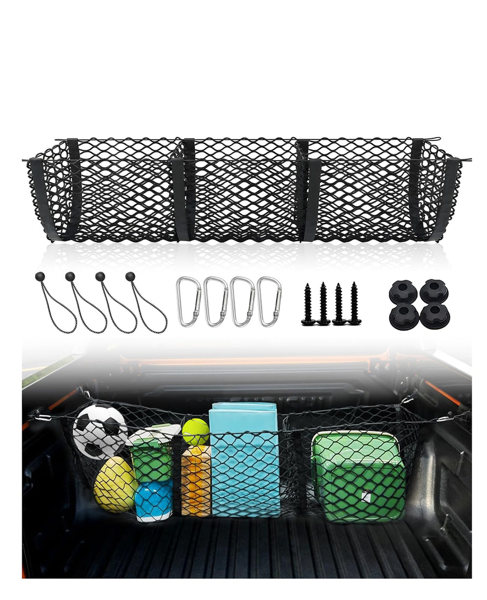 Gfstec upgraded 3-pocket truck bed cargo net, main view, keeps items neatly organized.