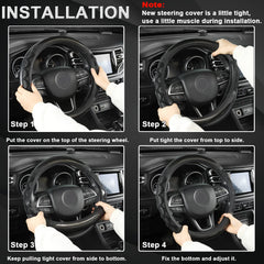 GIANT PANDA steering wheel cover installation guide demonstrating heat-assisted fit with a hair dryer