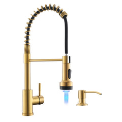 GIMILI gold kitchen faucet with LED stream glow highlighting temperature changes.