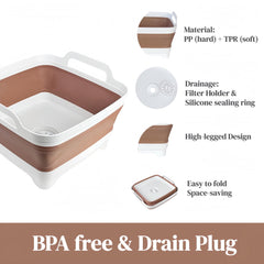 GIMWA collapsible wash basin drain-plug enables easy draining without lifting.
