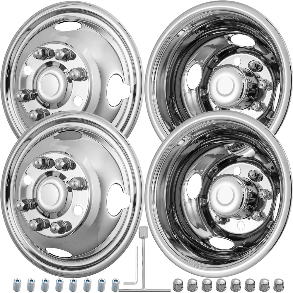 GINDAOLULU 16-inch wheel simulators front-left view showing polished stainless finish for Ford E350/E450