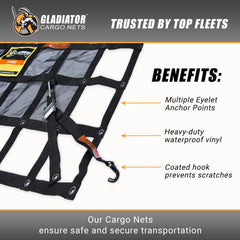 Gladiator Cargo Nets with four attachment straps ready for setup
