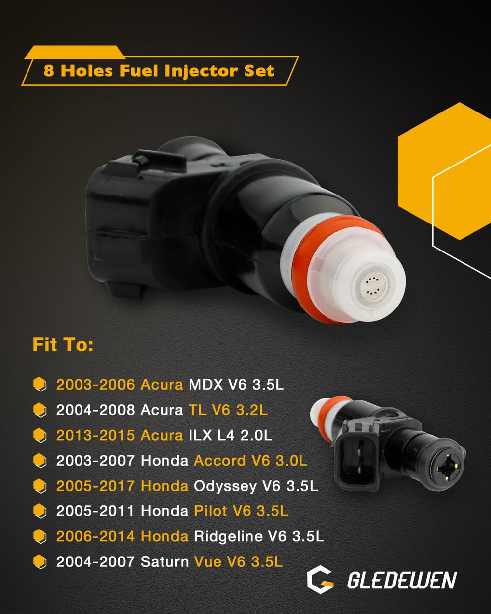 Gledewen 8-hole fuel injector pack for reliable Honda/Acura fuel delivery.