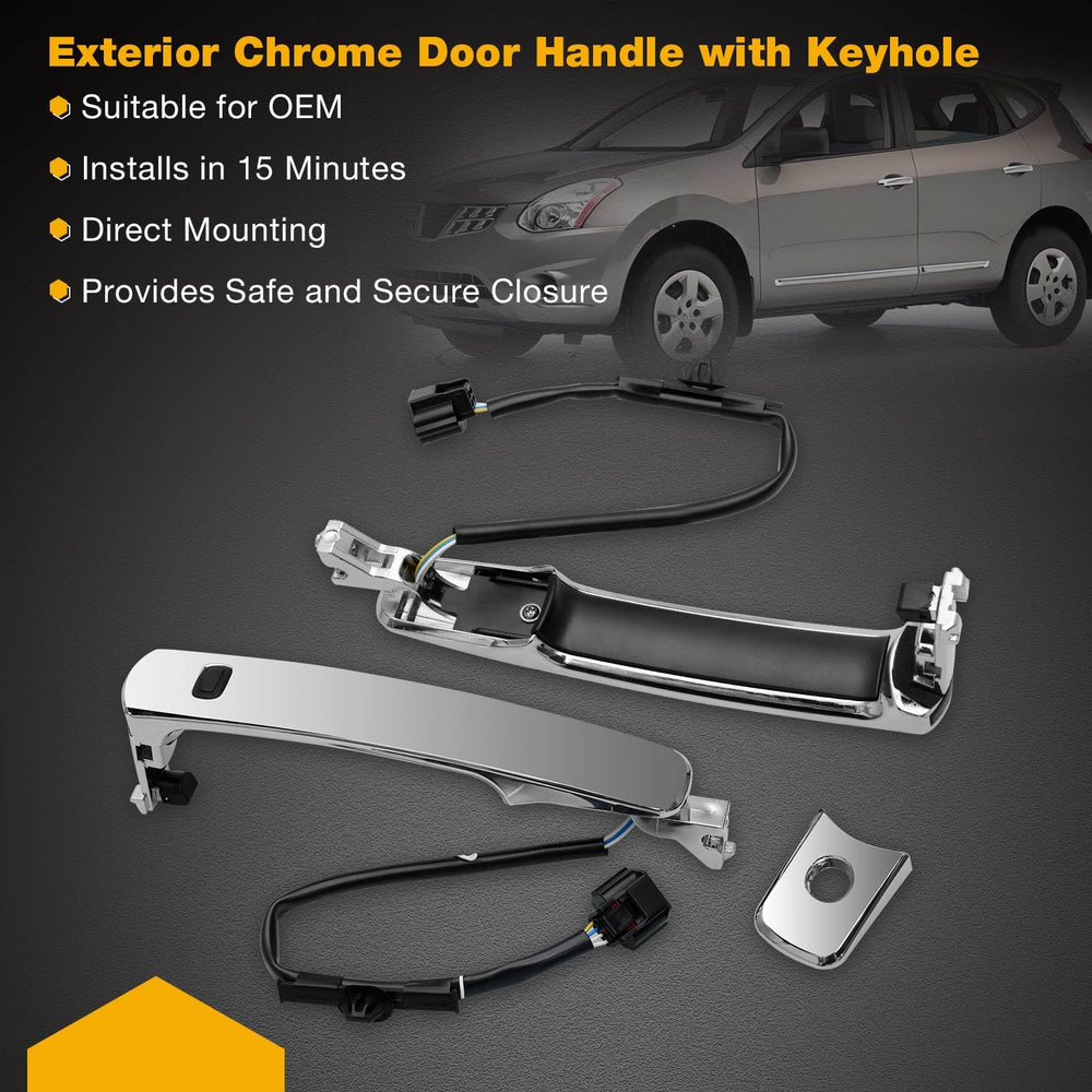 Gledewen chrome door handle front-left assembly, rigid and weather-ready finish.