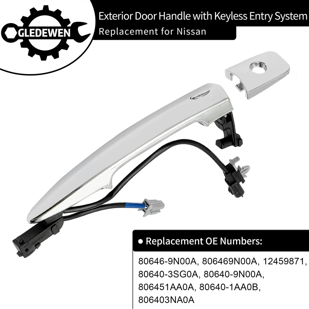 Gledewen chrome door handle with RFID sensor closeup for smart entry capability.