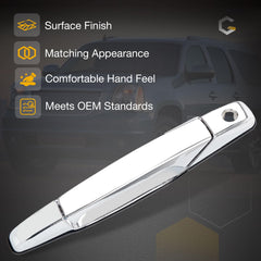 Chrome finish and reinforced plastic core for durable exterior door handle performance.