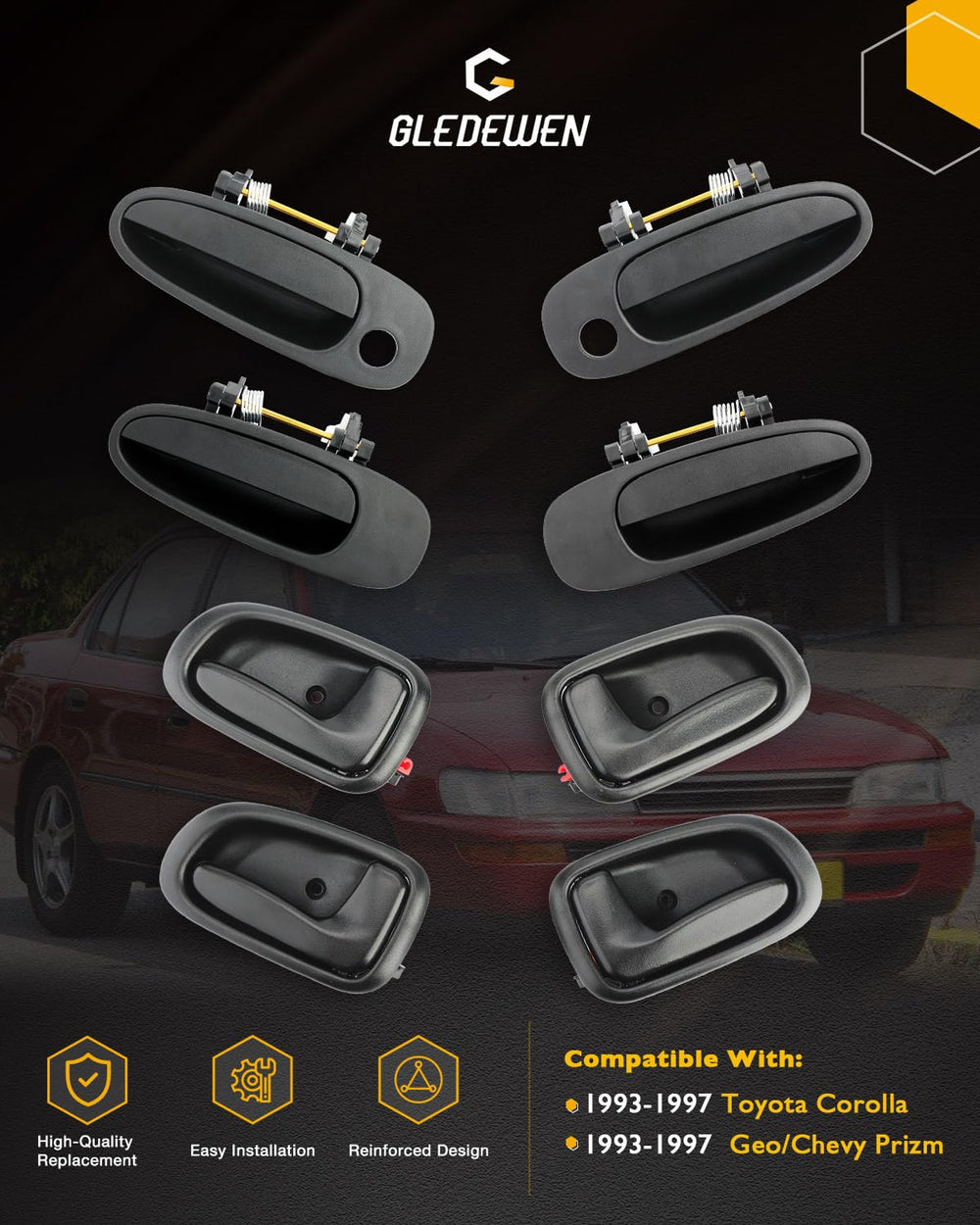Gledewen interior rear-right door handle, matte black, OEM-style replacement.
