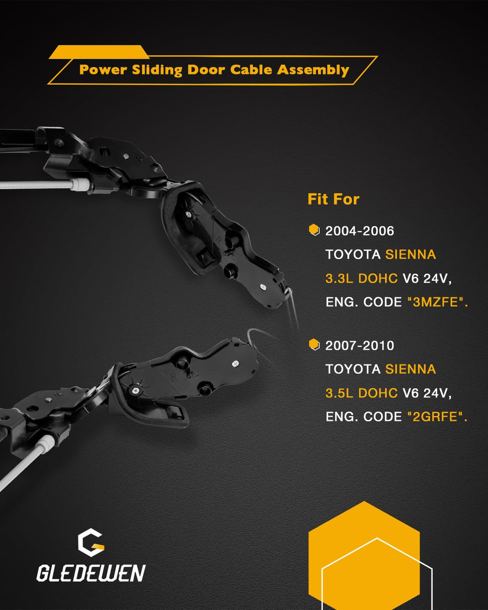 Gledewen cable kit packaging highlights factory-tested durability for Toyota Sienna.