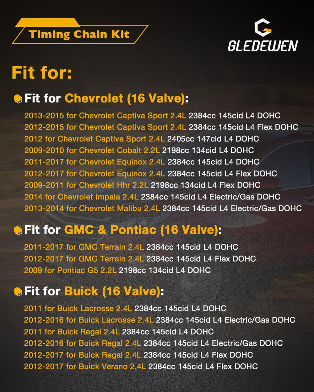 Gledewen timing chain kit components laid out for inspection and planning.