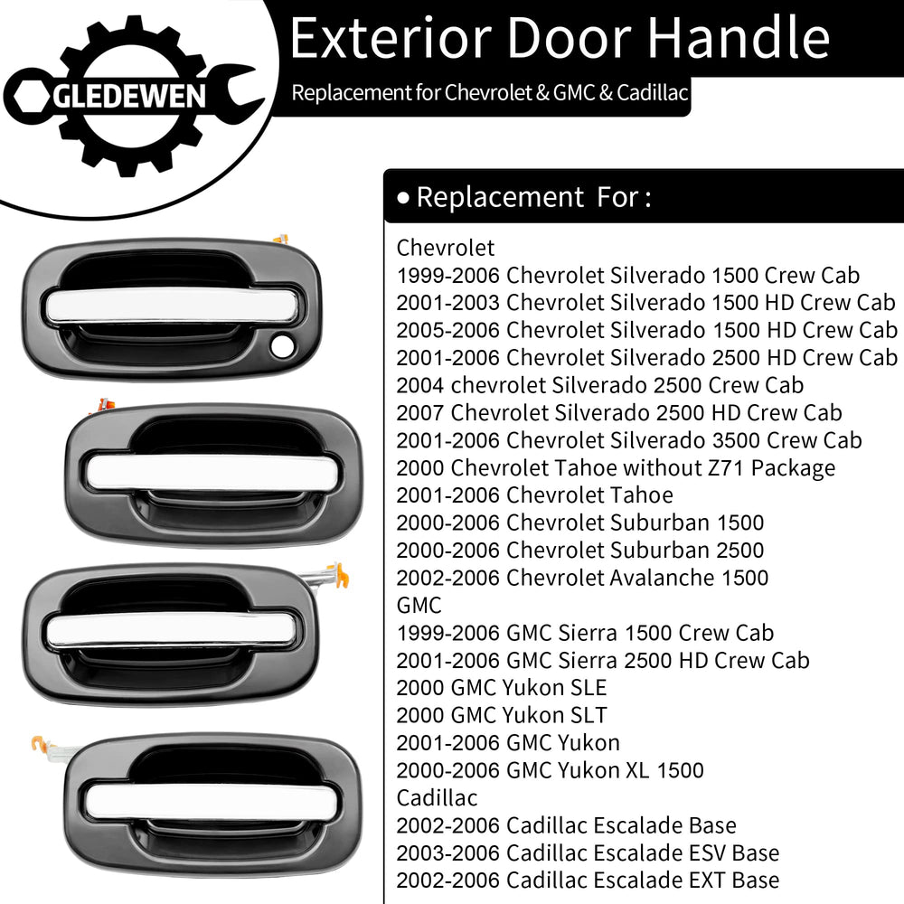 Gledewen front-left door handle with keyhole, chrome lever, black housing.