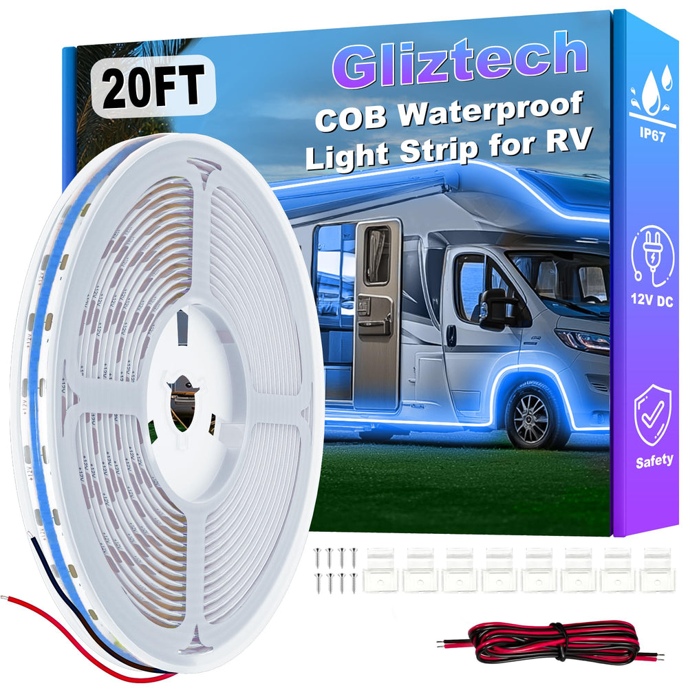 Gliztech RV awning lights blue strip create inviting outdoor ambiance for camping