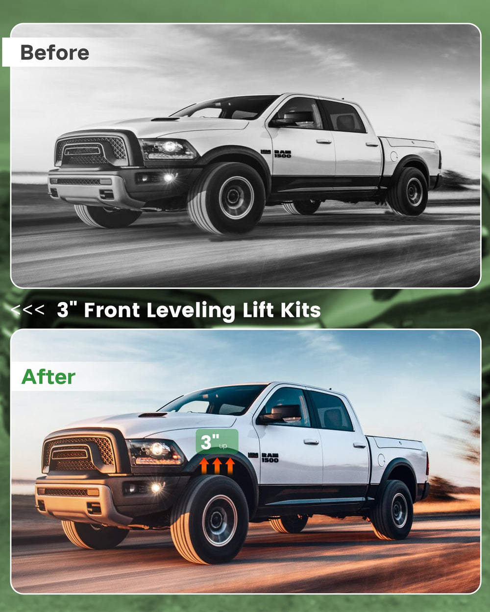 Glorider 3-inch leveling kit front view on Ram 2500/3500 for better ground clearance