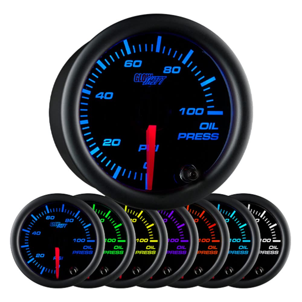 GlowShift Black 7 Color oil pressure gauge front view with multi-color backlight for quick readings
