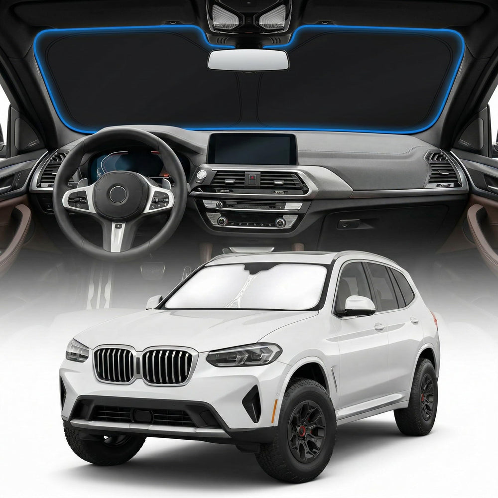 GLSBRCAO BMW X3 sun shade cover front view with precise custom fit