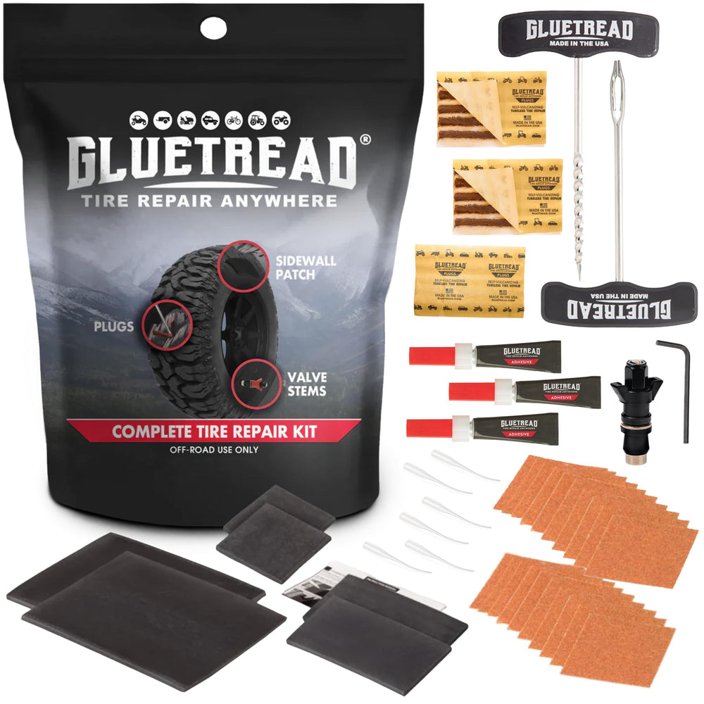 Gluetread complete off-road tire repair kit patch ready for field puncture repair.