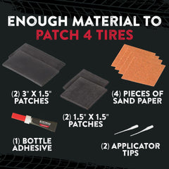 Gluetread patch supports sidewall and tread repairs.