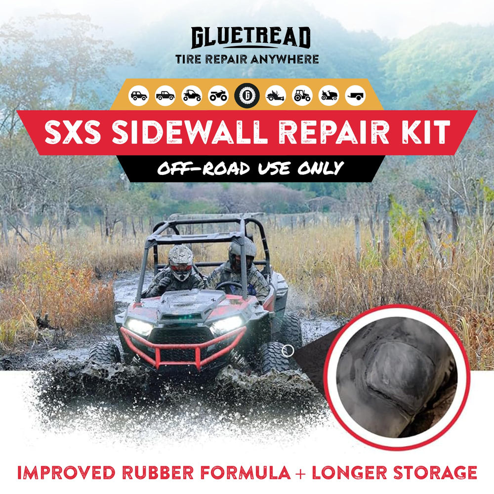 GlueTread SXS patch being applied to punctured sidewall on trail