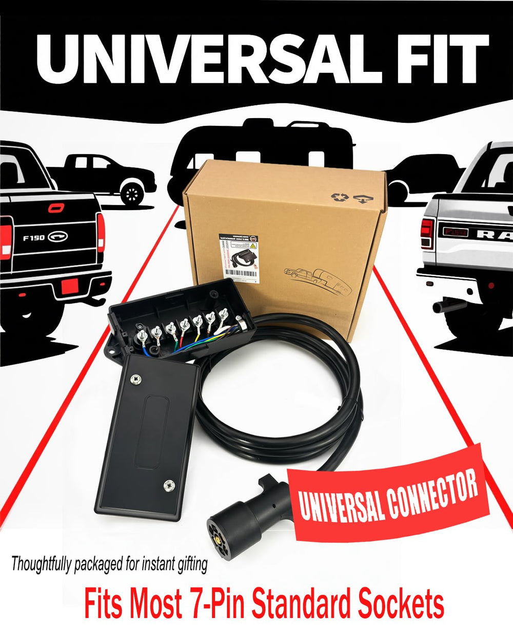 GLUWPA flexible 7-way kit adapts to trailers, RVs, and campers.