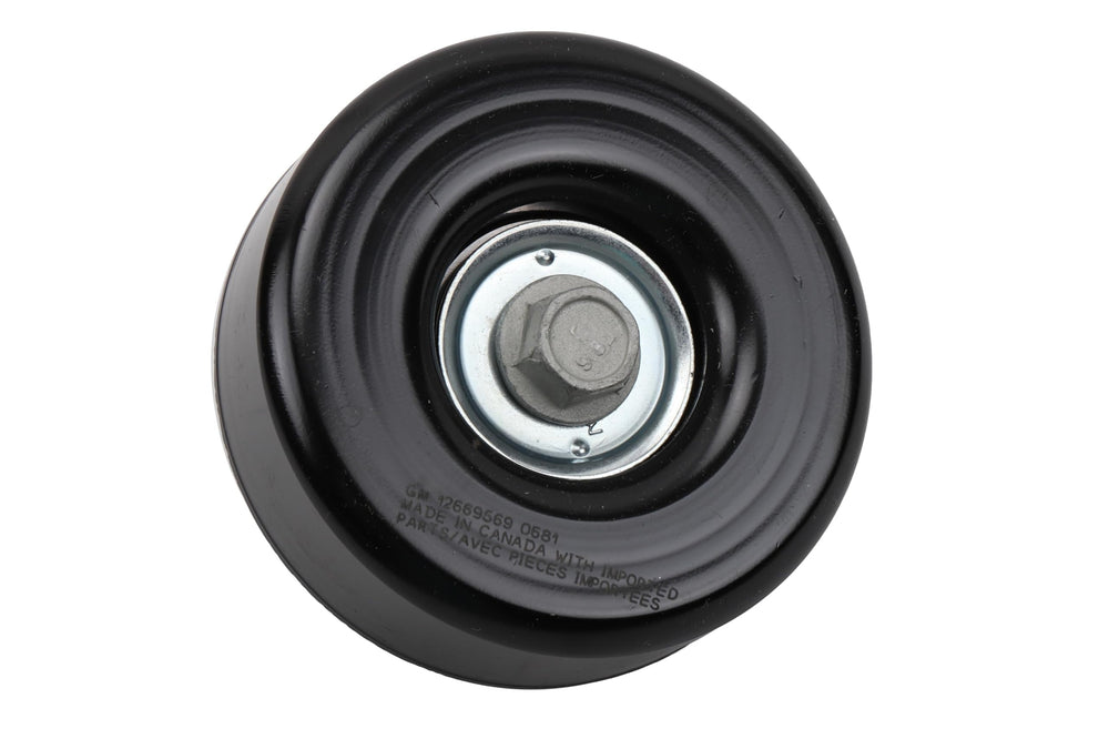 GM Genuine Parts LC9 drive belt idler pulley front view for smooth belt routing