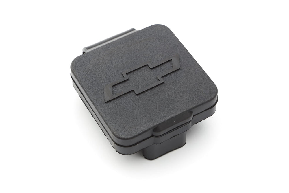 GM Genuine Parts trailer hitch closeout with Bowtie logo conceals hitch opening for a clean rear look.
