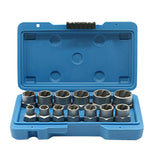 GMTOOLS 13Pcs Screw Extractor Set on workbench for damaged bolts.