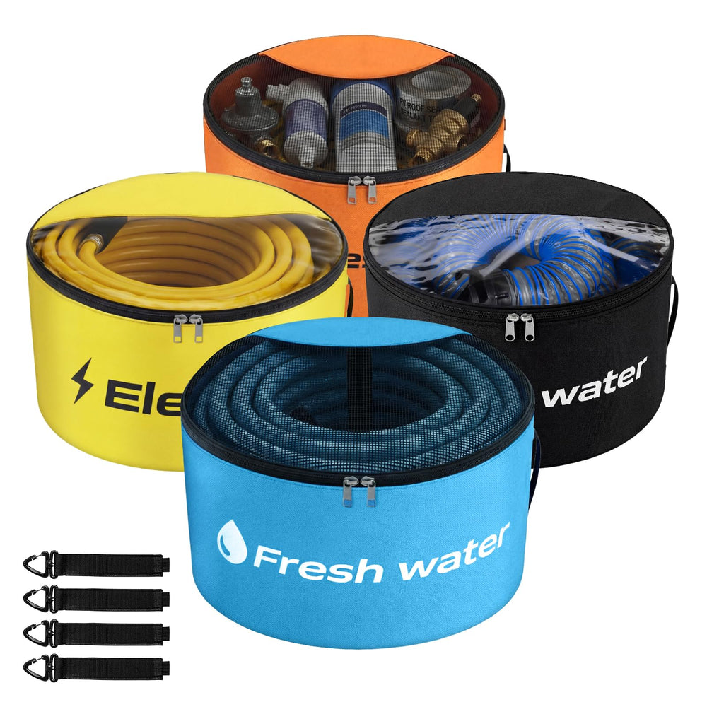 Gociean RV storage blue water hose bag with transparent cover for quick access and odor control.