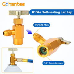 Gohantee R134a low-side adapter compatible with R12 and R22 ports.