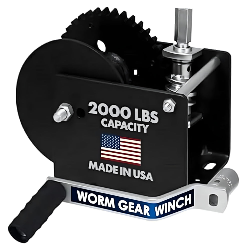 Goldenrod WG2000HEX drill-powered worm gear winch for trailer loading.
