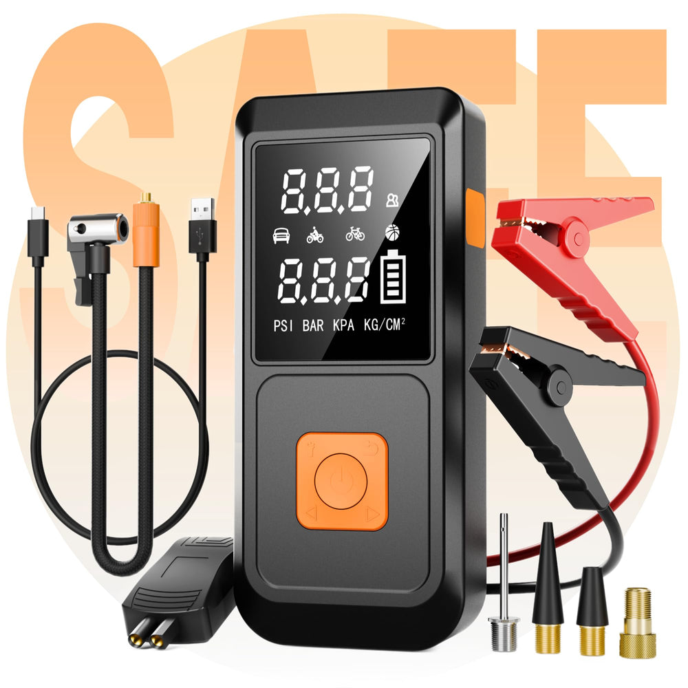 Goldforest jump-starter front display shows battery status for quick roadside checks.