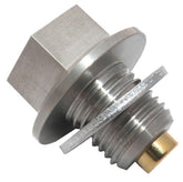 GoldPlug M12x1.25 stainless magnetic drain plug showing magnetic surface for particle capture and protection