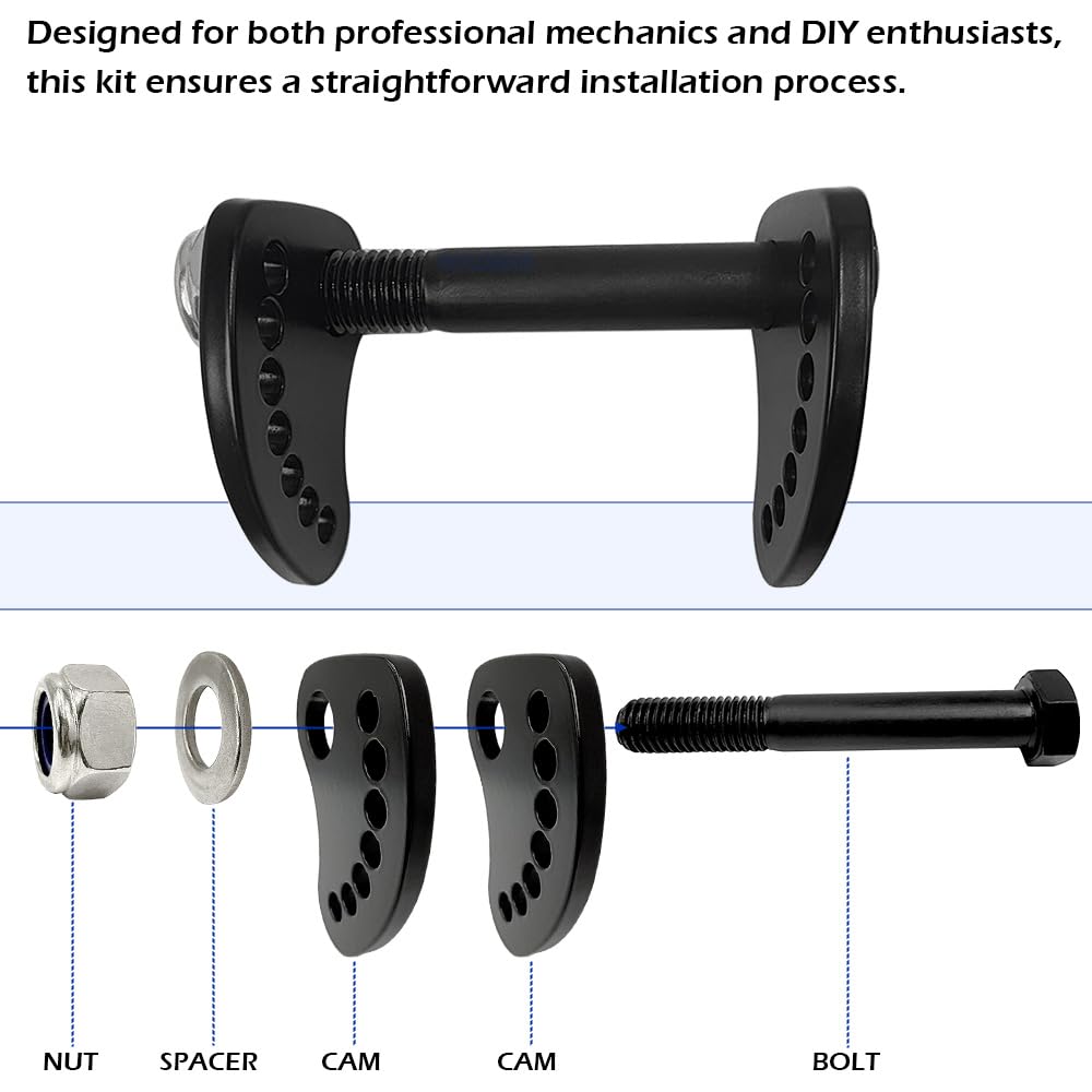 GOLKNHA upper arm cam bolts enabling ±1.5-degree camber adjustments.