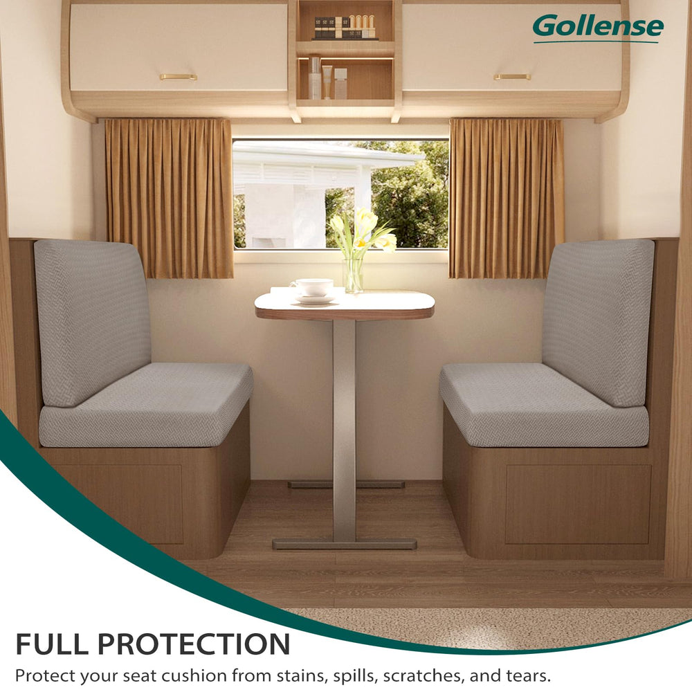 Gollense RV dinette cushion cover side detail highlighting elastic edge for secure placement.