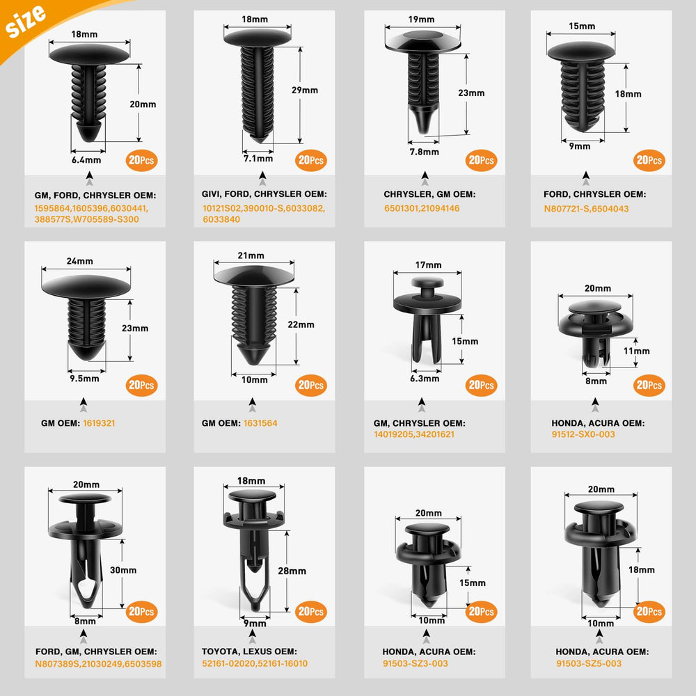 GOOACC auto push pin rivets 12 sizes for versatile car model compatibility.